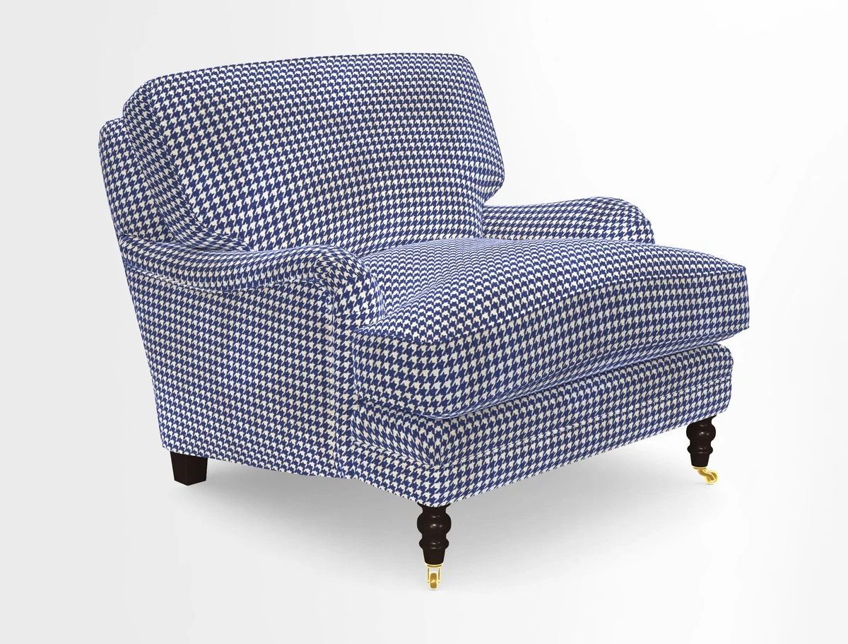 Coates Chair in RHS Gertrude Jekyll Lattice Blue with Seat and Back Cushions in Mohair Velvet Indigo
