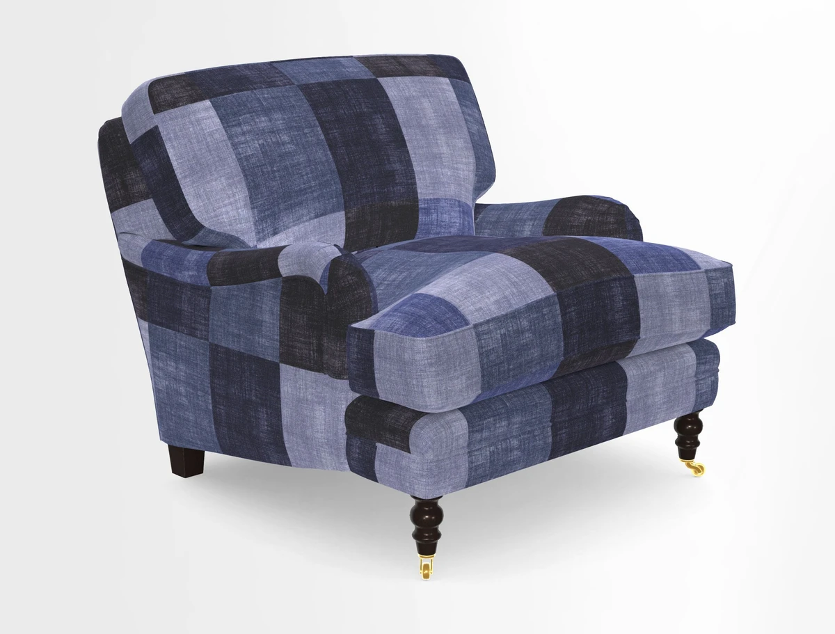 Coates Chair in RHS Gertrude Jekyll Lattice Blue with Seat and Back Cushions in Mohair Velvet Indigo