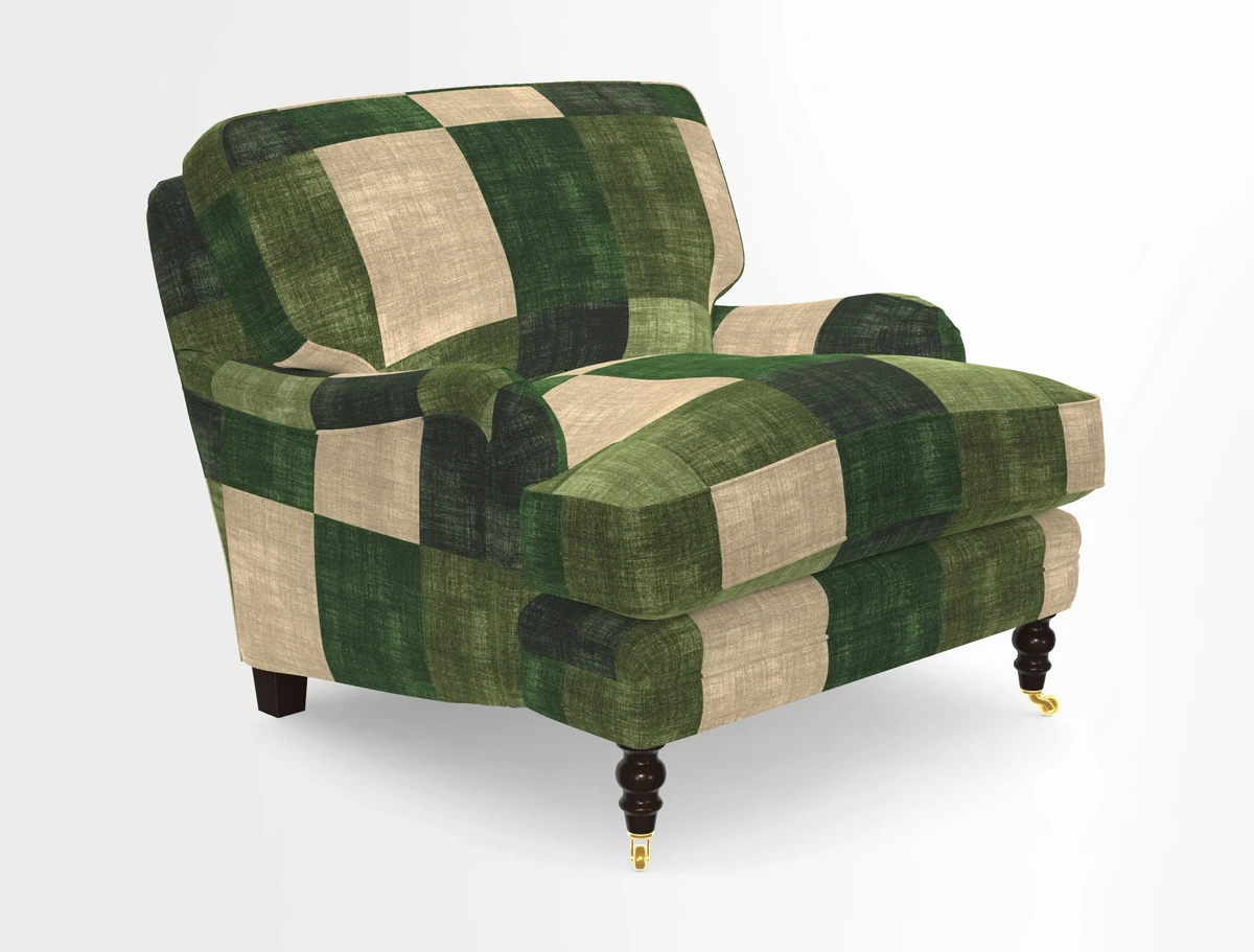 Coates Chair in RHS Gertrude Jekyll Lattice Blue with Seat and Back Cushions in Mohair Velvet Indigo