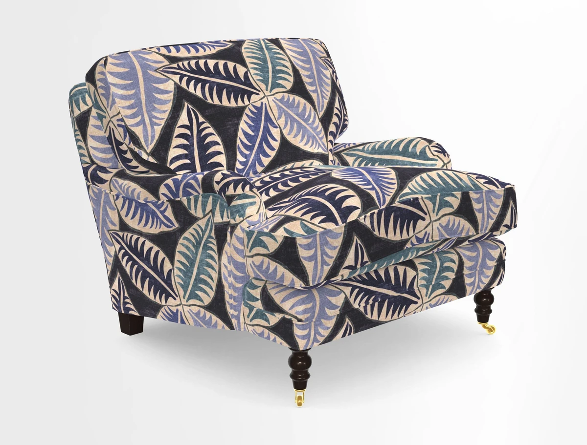 Coates Chair in RHS Gertrude Jekyll Lattice Blue with Seat and Back Cushions in Mohair Velvet Indigo