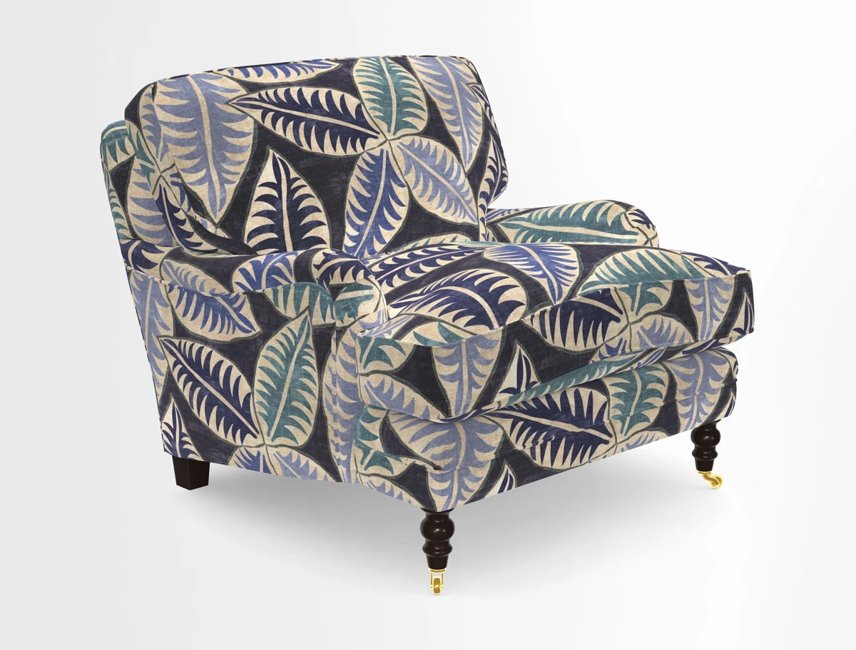 Coates Chair in RHS Gertrude Jekyll Lattice Blue with Seat and Back Cushions in Mohair Velvet Indigo