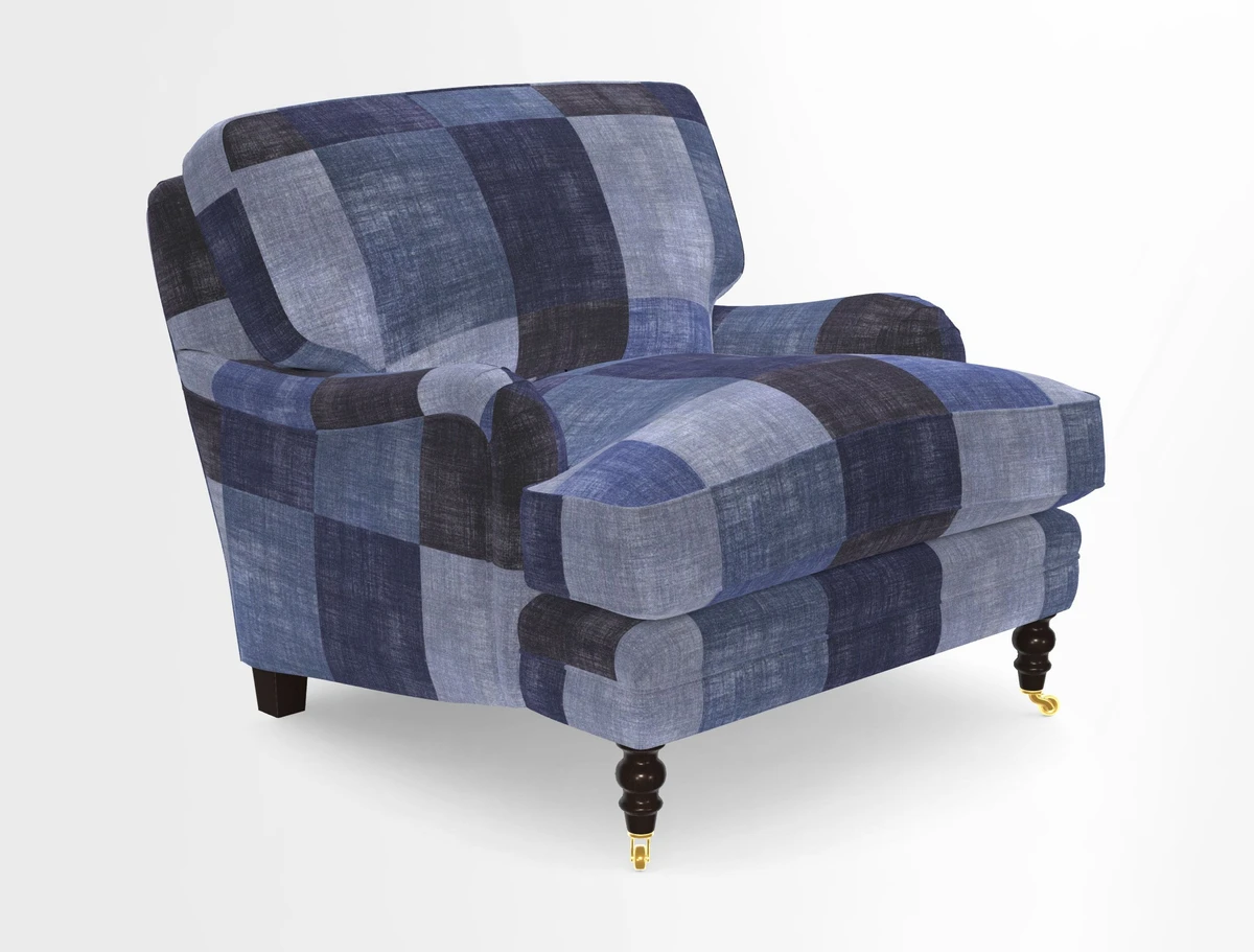 Coates Chair in RHS Gertrude Jekyll Lattice Blue with Seat and Back Cushions in Mohair Velvet Indigo