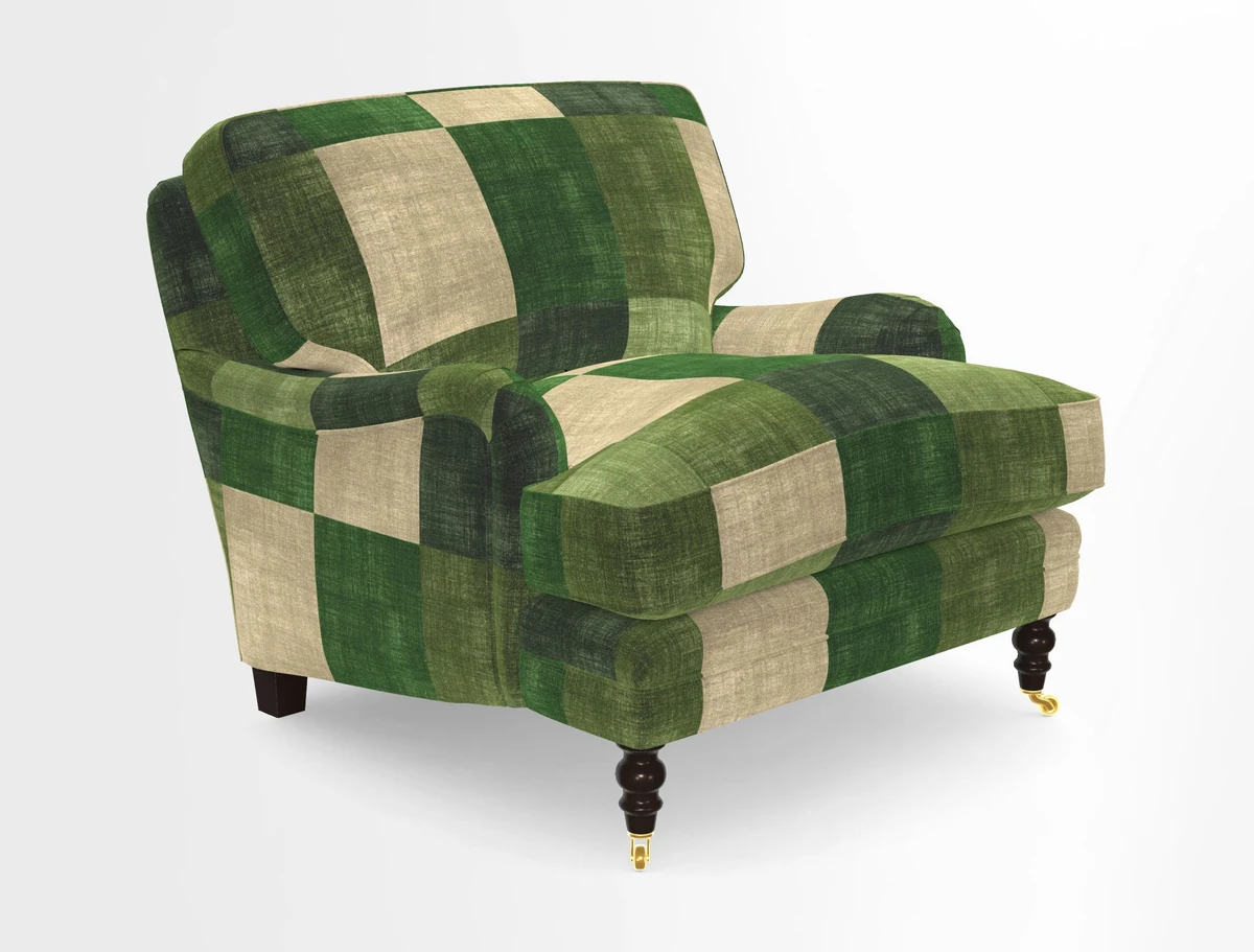 Coates Chair in RHS Gertrude Jekyll Lattice Blue with Seat and Back Cushions in Mohair Velvet Indigo