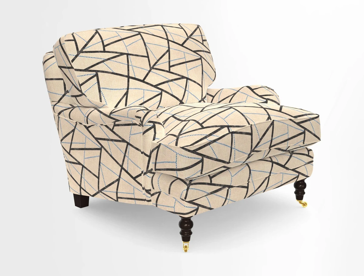Coates Chair in RHS Gertrude Jekyll Lattice Blue with Seat and Back Cushions in Mohair Velvet Indigo