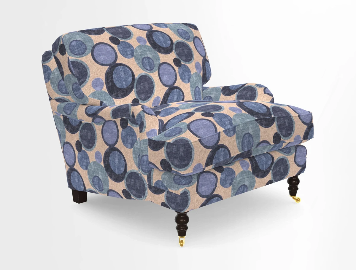 Coates Chair in RHS Gertrude Jekyll Lattice Blue with Seat and Back Cushions in Mohair Velvet Indigo