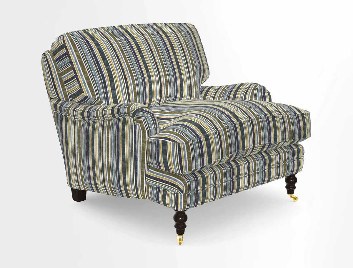 Coates Chair in RHS Gertrude Jekyll Lattice Blue with Seat and Back Cushions in Mohair Velvet Indigo