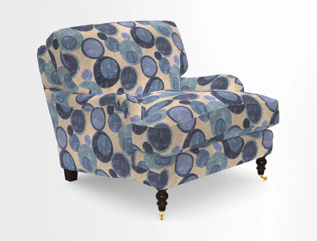 Coates Chair in RHS Gertrude Jekyll Lattice Blue with Seat and Back Cushions in Mohair Velvet Indigo