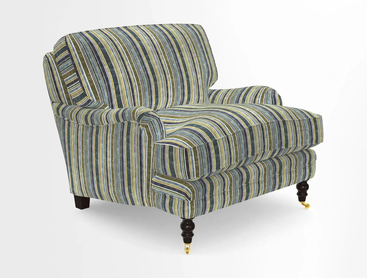 Coates Chair in RHS Gertrude Jekyll Lattice Blue with Seat and Back Cushions in Mohair Velvet Indigo