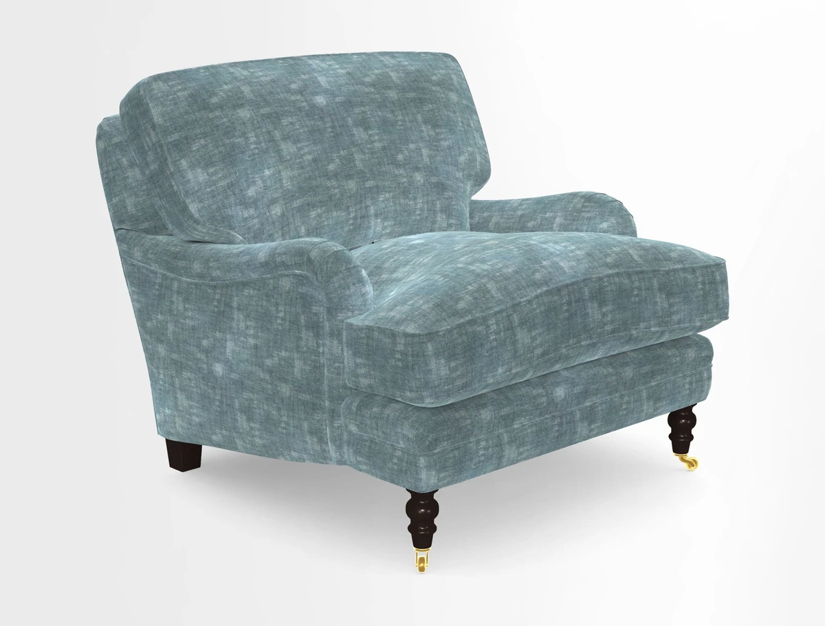 Coates Chair in RHS Gertrude Jekyll Lattice Blue with Seat and Back Cushions in Mohair Velvet Indigo