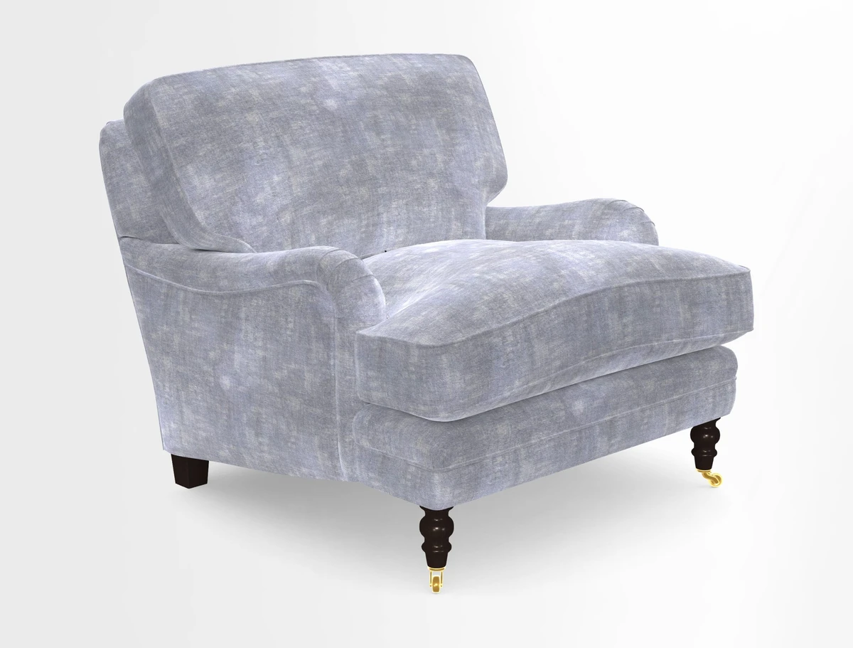 Coates Chair in RHS Gertrude Jekyll Lattice Blue with Seat and Back Cushions in Mohair Velvet Indigo