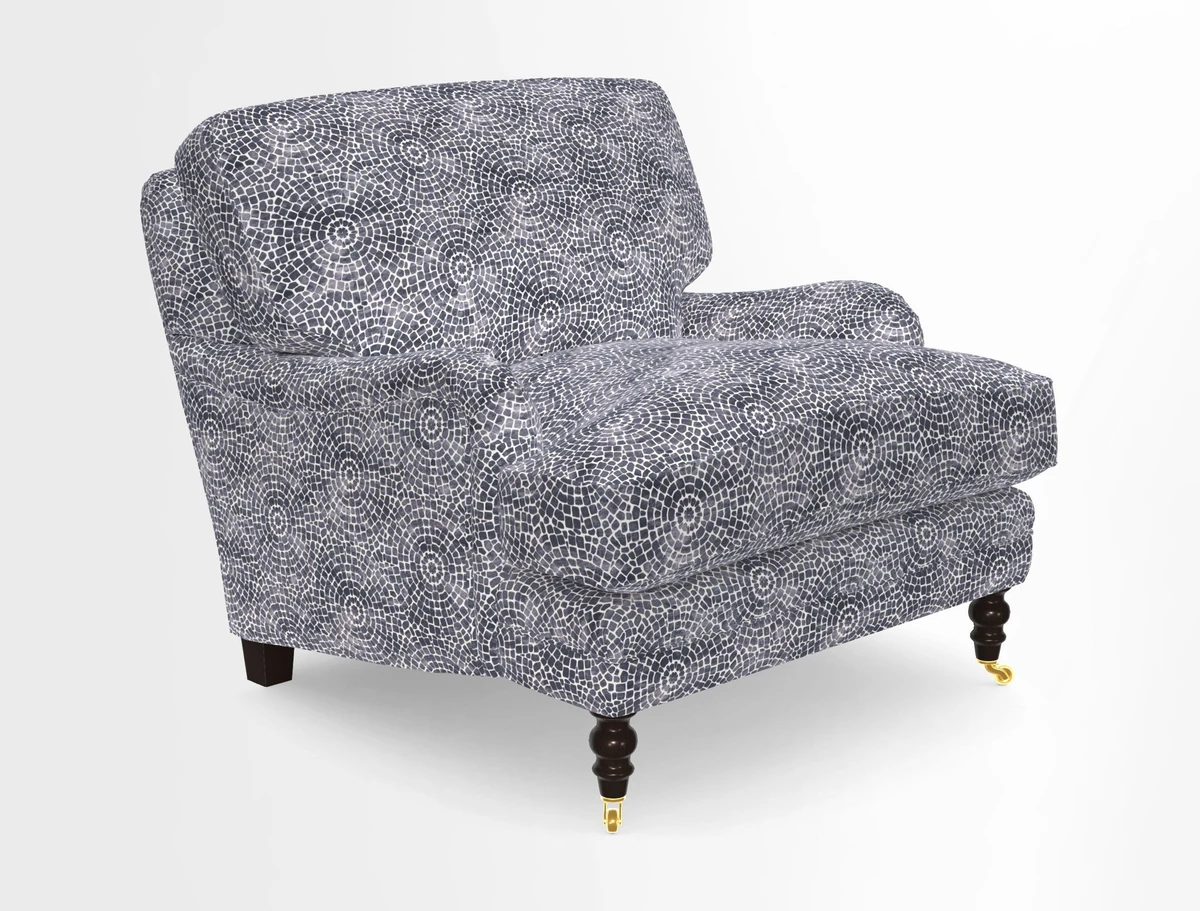 Coates Chair in RHS Gertrude Jekyll Lattice Blue with Seat and Back Cushions in Mohair Velvet Indigo