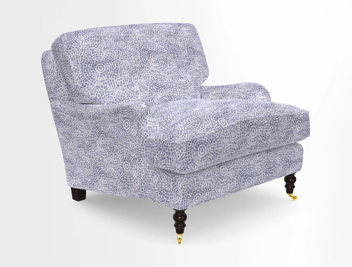 Coates Chair in RHS Gertrude Jekyll Lattice Blue with Seat and Back Cushions in Mohair Velvet Indigo