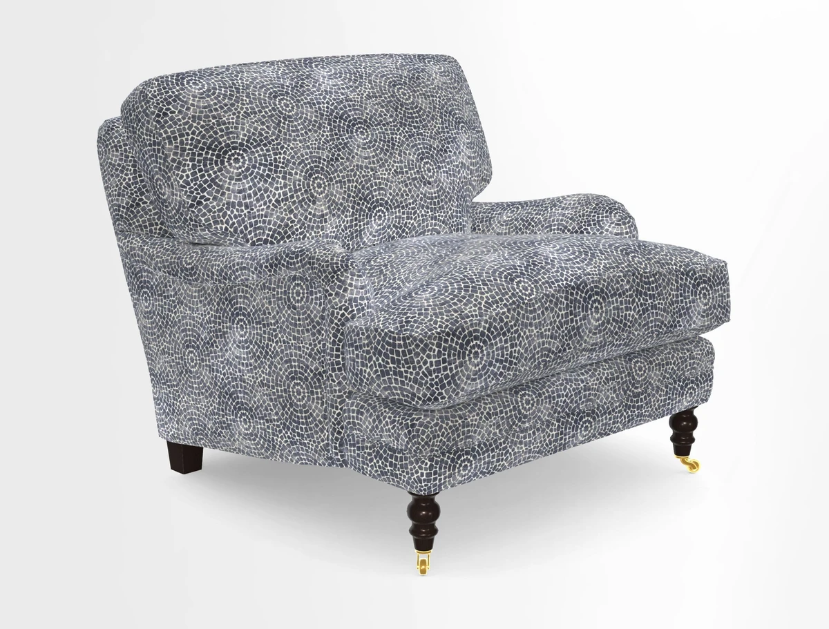 Coates Chair in RHS Gertrude Jekyll Lattice Blue with Seat and Back Cushions in Mohair Velvet Indigo