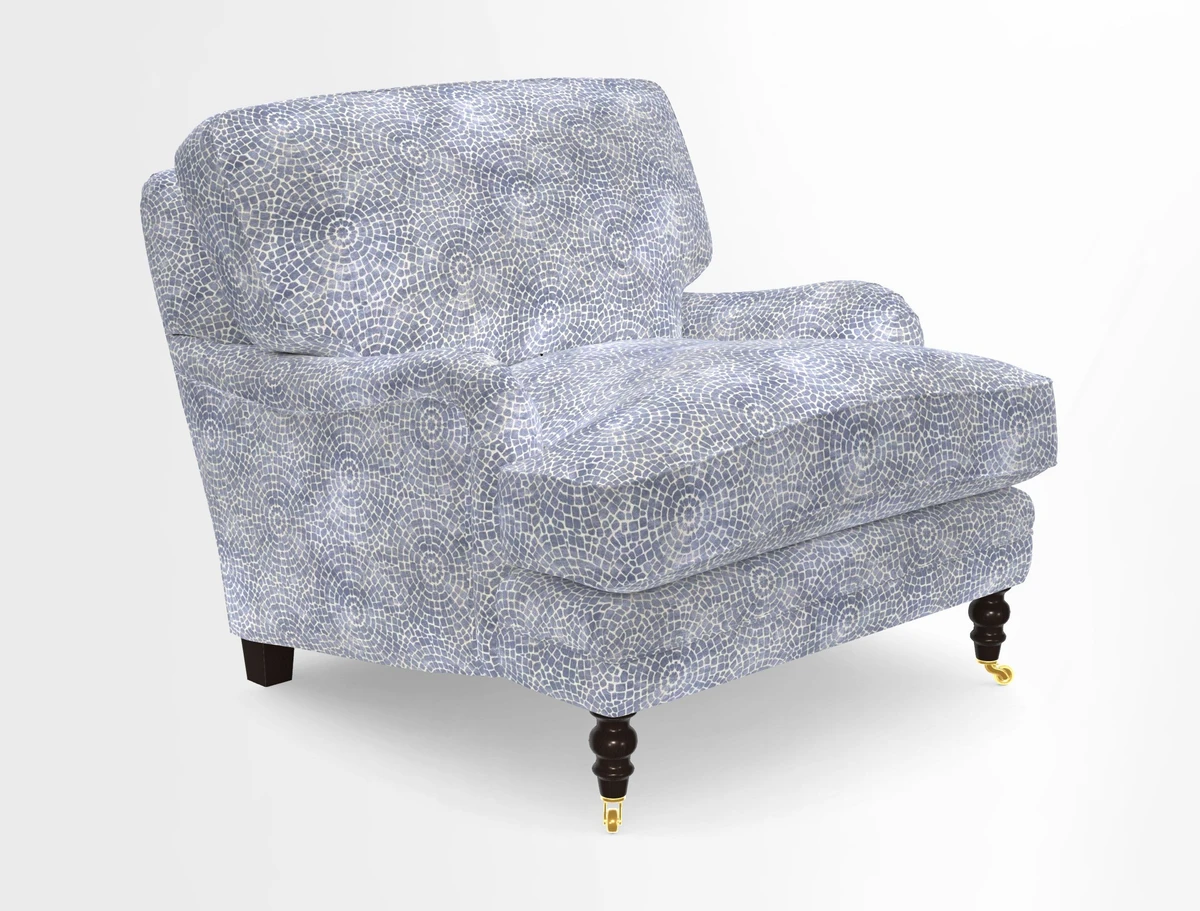 Coates Chair in RHS Gertrude Jekyll Lattice Blue with Seat and Back Cushions in Mohair Velvet Indigo