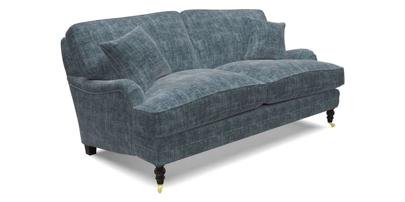 Coates 3 Seater Sofa in Mohair Velvet Indigo with Seat and Back Cushions in Gertrude Jekyll Meadow Flower Blue