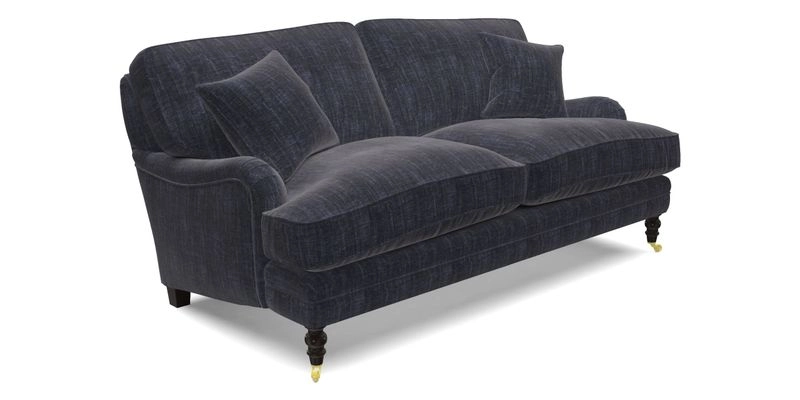 Coates 3 Seater Sofa in Mohair Velvet Indigo with Seat and Back Cushions in Gertrude Jekyll Meadow Flower Blue