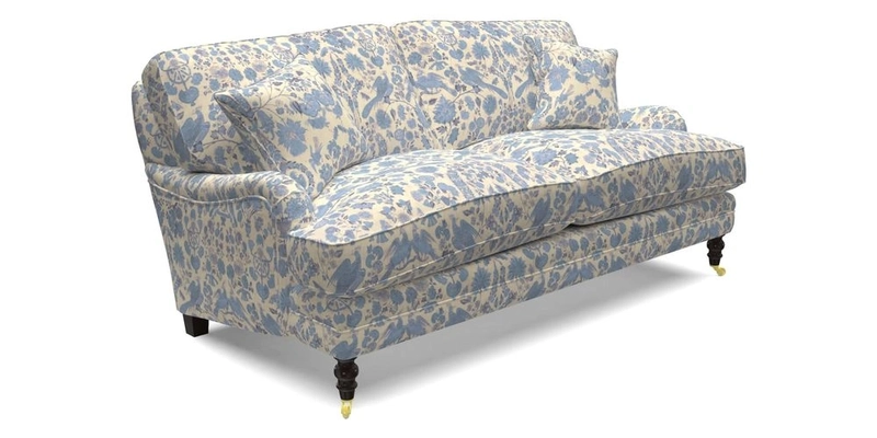 Coates 3 Seater Sofa in Mohair Velvet Indigo with Seat and Back Cushions in Gertrude Jekyll Meadow Flower Blue
