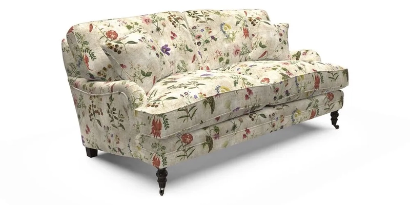 Coates 3 Seater Sofa in Mohair Velvet Indigo with Seat and Back Cushions in Gertrude Jekyll Meadow Flower Blue