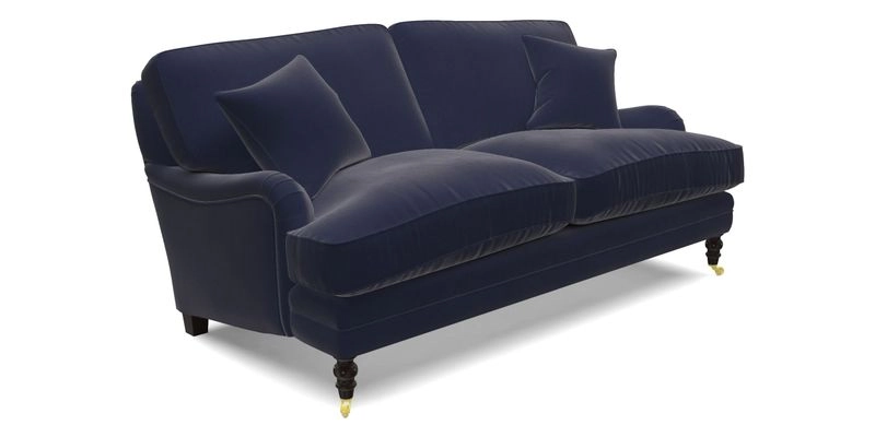 Coates 3 Seater Sofa in Mohair Velvet Indigo with Seat and Back Cushions in Gertrude Jekyll Meadow Flower Blue