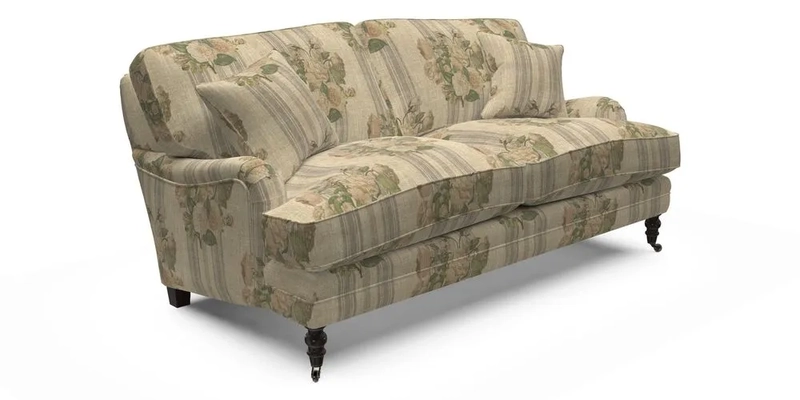 Coates 3 Seater Sofa in Mohair Velvet Indigo with Seat and Back Cushions in Gertrude Jekyll Meadow Flower Blue