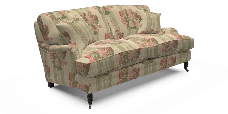 Coates 3 Seater Sofa in Mohair Velvet Indigo with Seat and Back Cushions in Gertrude Jekyll Meadow Flower Blue