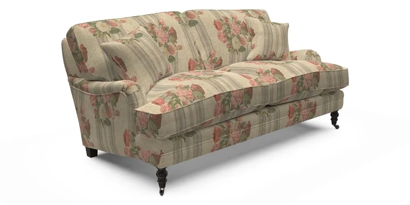 Coates 3 Seater Sofa in Mohair Velvet Indigo with Seat and Back Cushions in Gertrude Jekyll Meadow Flower Blue