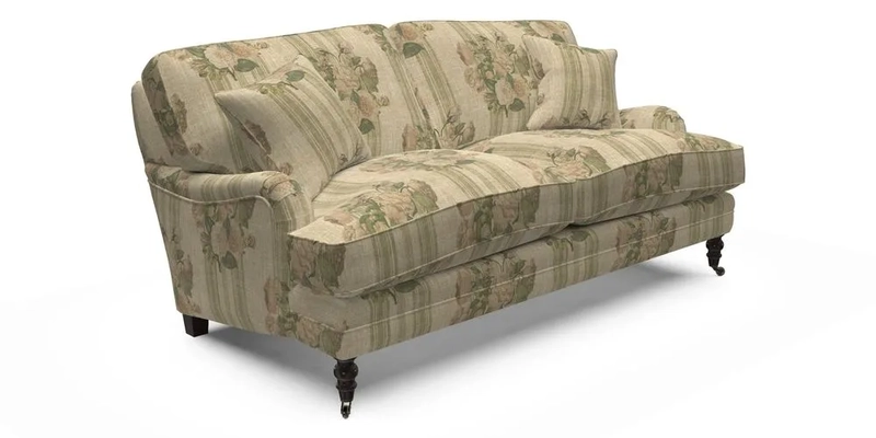 Coates 3 Seater Sofa in Mohair Velvet Indigo with Seat and Back Cushions in Gertrude Jekyll Meadow Flower Blue