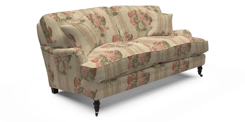 Coates 3 Seater Sofa in Mohair Velvet Indigo with Seat and Back Cushions in Gertrude Jekyll Meadow Flower Blue