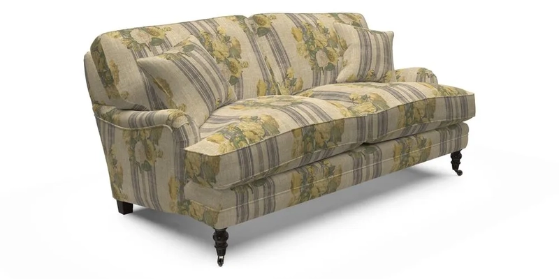 Coates 3 Seater Sofa in Mohair Velvet Indigo with Seat and Back Cushions in Gertrude Jekyll Meadow Flower Blue