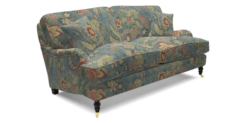 Coates 3 Seater Sofa in Mohair Velvet Indigo with Seat and Back Cushions in Gertrude Jekyll Meadow Flower Blue