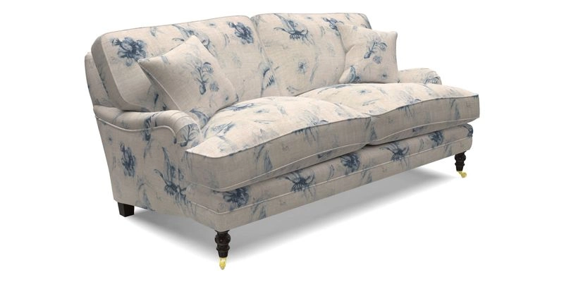Coates 3 Seater Sofa in Mohair Velvet Indigo with Seat and Back Cushions in Gertrude Jekyll Meadow Flower Blue