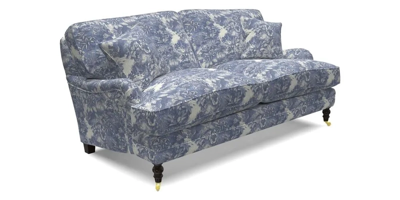 Coates 3 Seater Sofa in Mohair Velvet Indigo with Seat and Back Cushions in Gertrude Jekyll Meadow Flower Blue