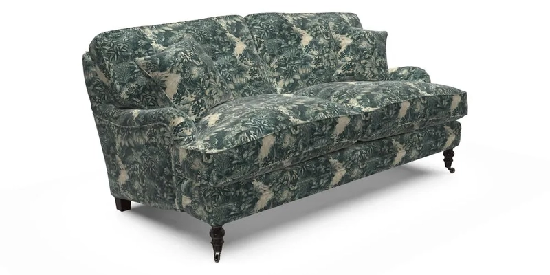 Coates 3 Seater Sofa in Mohair Velvet Indigo with Seat and Back Cushions in Gertrude Jekyll Meadow Flower Blue