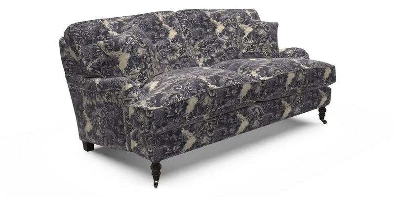 Coates 3 Seater Sofa in Mohair Velvet Indigo with Seat and Back Cushions in Gertrude Jekyll Meadow Flower Blue