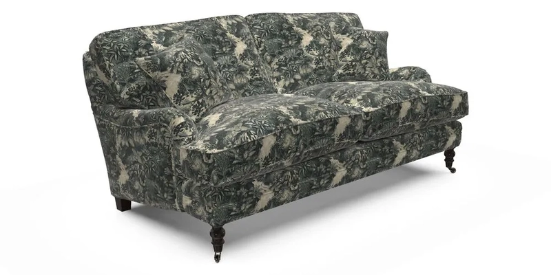 Coates 3 Seater Sofa in Mohair Velvet Indigo with Seat and Back Cushions in Gertrude Jekyll Meadow Flower Blue