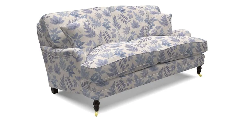 Coates 3 Seater Sofa in Mohair Velvet Indigo with Seat and Back Cushions in Gertrude Jekyll Meadow Flower Blue