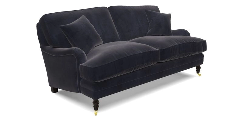Coates 3 Seater Sofa in Mohair Velvet Indigo with Seat and Back Cushions in Gertrude Jekyll Meadow Flower Blue