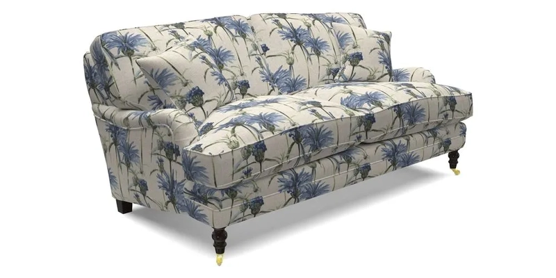 Coates 3 Seater Sofa in Mohair Velvet Indigo with Seat and Back Cushions in Gertrude Jekyll Meadow Flower Blue