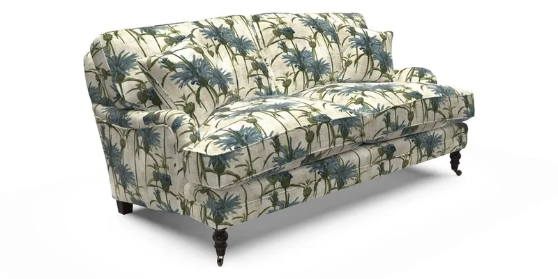 Coates 3 Seater Sofa in Mohair Velvet Indigo with Seat and Back Cushions in Gertrude Jekyll Meadow Flower Blue