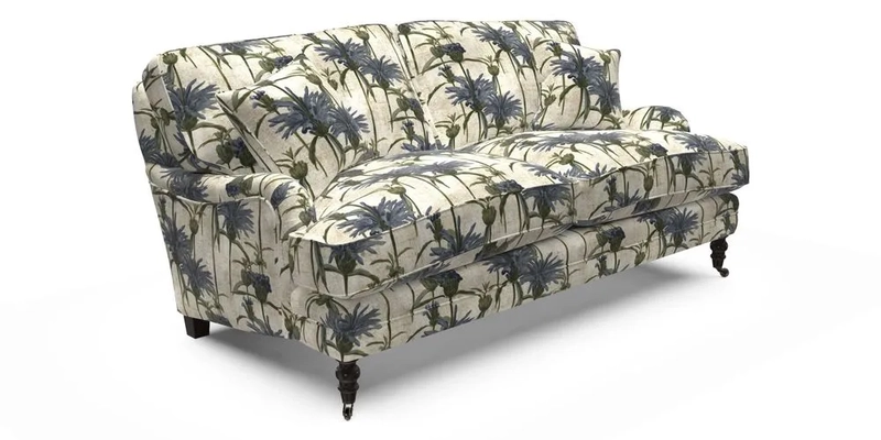 Coates 3 Seater Sofa in Mohair Velvet Indigo with Seat and Back Cushions in Gertrude Jekyll Meadow Flower Blue