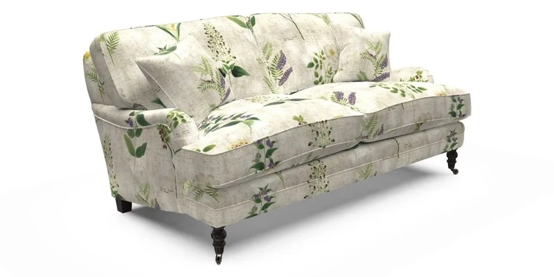 Coates 3 Seater Sofa in Mohair Velvet Indigo with Seat and Back Cushions in Gertrude Jekyll Meadow Flower Blue