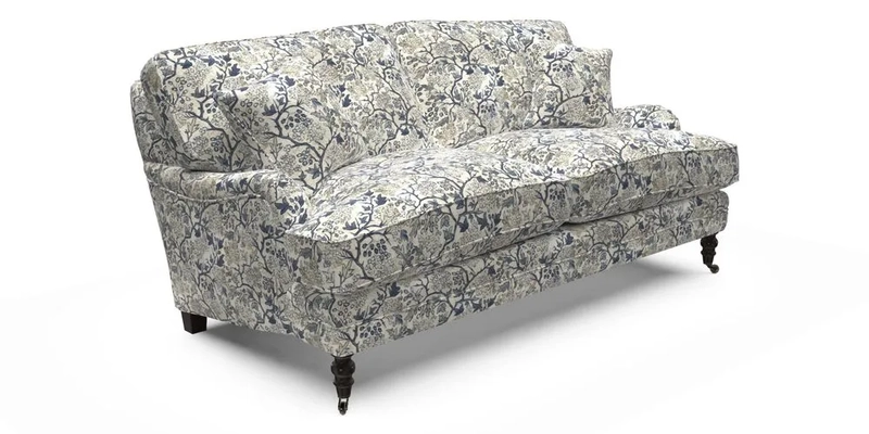 Coates 3 Seater Sofa in Mohair Velvet Indigo with Seat and Back Cushions in Gertrude Jekyll Meadow Flower Blue