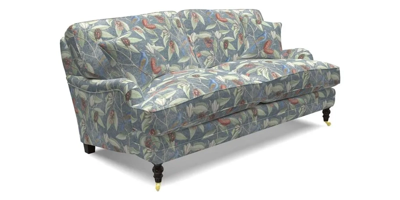 Coates 3 Seater Sofa in Mohair Velvet Indigo with Seat and Back Cushions in Gertrude Jekyll Meadow Flower Blue