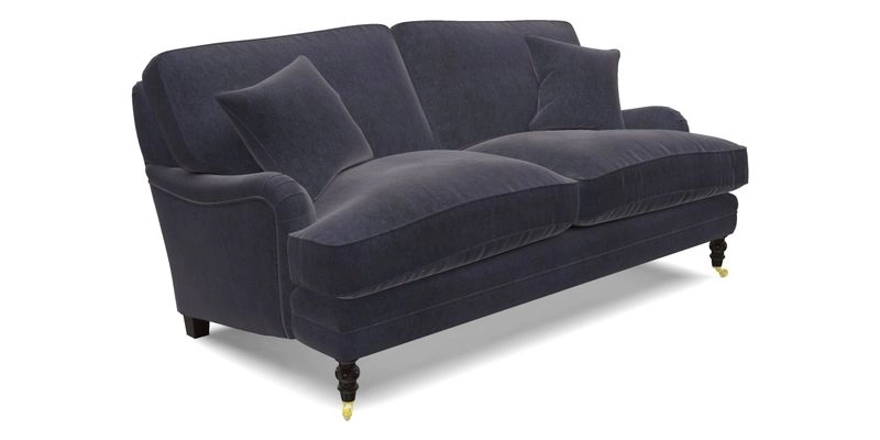 Coates 3 Seater Sofa in Mohair Velvet Indigo with Seat and Back Cushions in Gertrude Jekyll Meadow Flower Blue