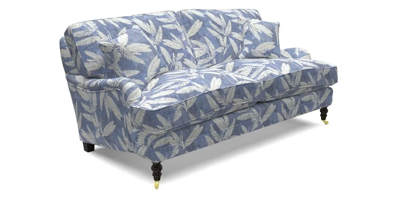 Coates 3 Seater Sofa in Mohair Velvet Indigo with Seat and Back Cushions in Gertrude Jekyll Meadow Flower Blue