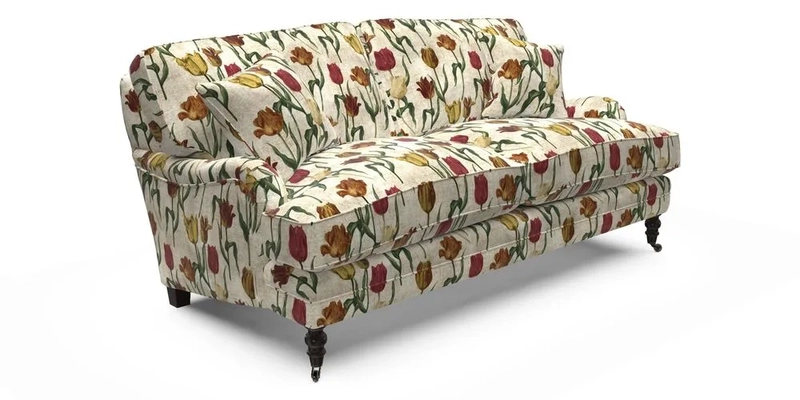 Coates 3 Seater Sofa in Mohair Velvet Indigo with Seat and Back Cushions in Gertrude Jekyll Meadow Flower Blue