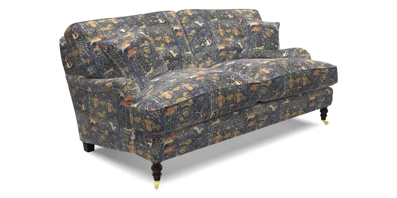 Coates 3 Seater Sofa in Mohair Velvet Indigo with Seat and Back Cushions in Gertrude Jekyll Meadow Flower Blue