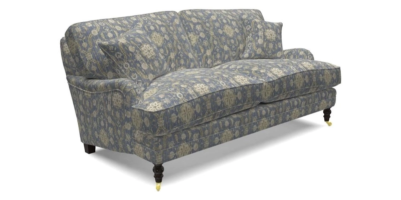 Coates 3 Seater Sofa in Mohair Velvet Indigo with Seat and Back Cushions in Gertrude Jekyll Meadow Flower Blue