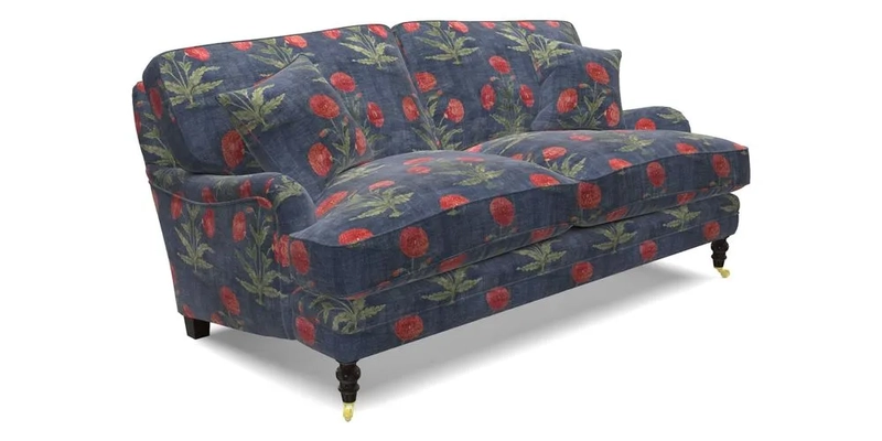 Coates 3 Seater Sofa in Mohair Velvet Indigo with Seat and Back Cushions in Gertrude Jekyll Meadow Flower Blue