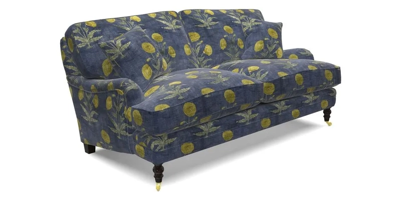 Coates 3 Seater Sofa in Mohair Velvet Indigo with Seat and Back Cushions in Gertrude Jekyll Meadow Flower Blue